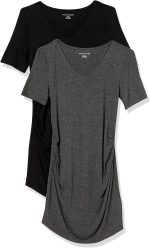 Essentials Women's Maternity Short-Sleeve Rouched V-Neck T-Shirt, Pack of 2